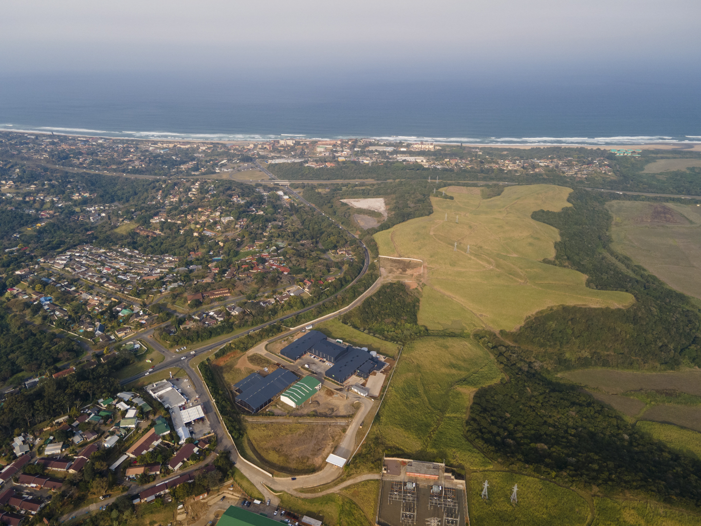 wide drone view of industrial development in Durban